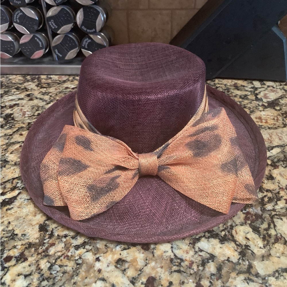 Vintage August Chocolate Brown Straw Hat with Animal Print Bow